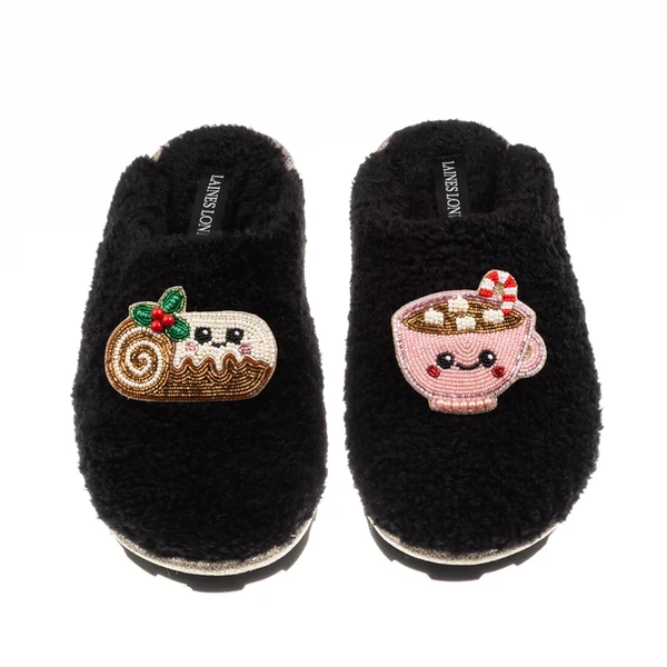 Laines London Teddy Closed Toe Slippers With Christmas Yule Log & Hot Chocolate Brooches