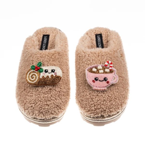 laines london Teddy Closed Toe Slippers With Christmas Yule Log & Hot Chocolate Brooches
