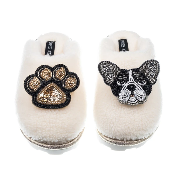 laines london Teddy Closed Toe Slippers With Coco & Paw Brooches