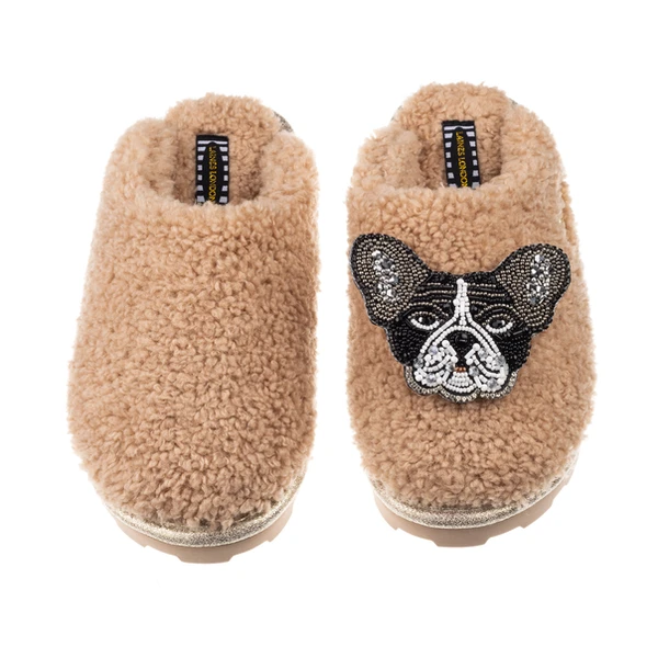 Laines London Teddy Closed Toe Slippers With Coco The Frenchie Brooch