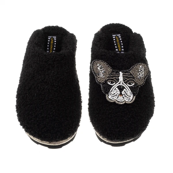 Laines London Teddy Closed Toe Slippers With Coco The Frenchie Brooch