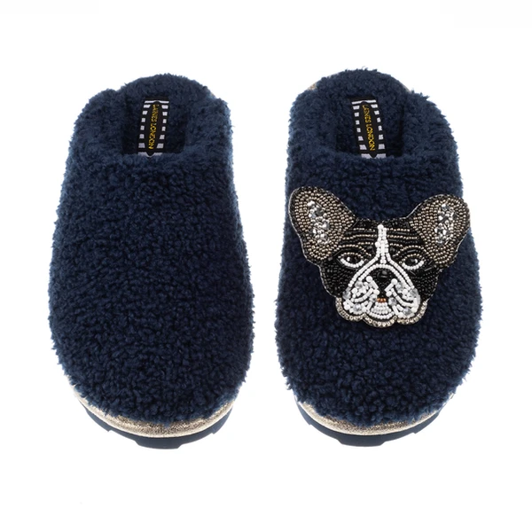 Laines London Teddy Closed Toe Slippers With Coco The Frenchie Brooch