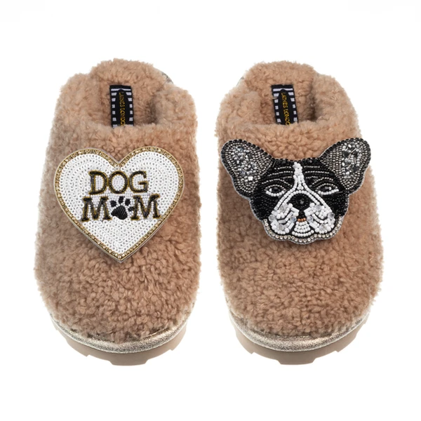 Laines London Teddy Closed Toe Slippers With Coco The Frenchie & Dog Mum / Mom Brooches