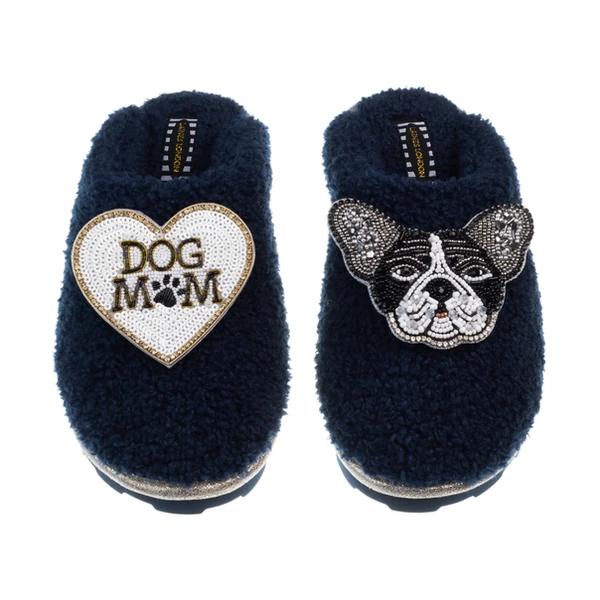 Laines London Teddy Closed Toe Slippers With Coco The Frenchie & Dog Mum / Mom Brooches