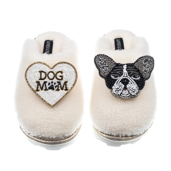 Laines London Teddy Closed Toe Slippers With Coco The Frenchie & Dog Mum / Mom Brooches