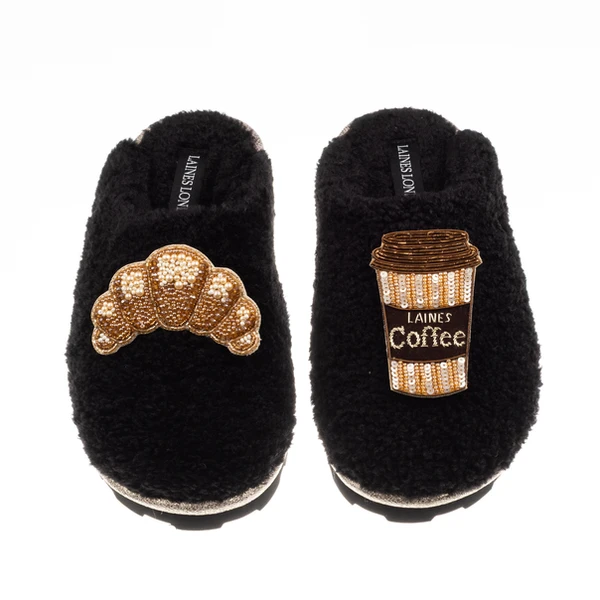 Laines London Teddy Closed Toe Slippers With Coffee & Croissant Brooches