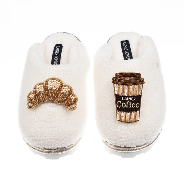 Laines London Teddy Closed Toe Slippers With Coffee & Croissant Brooches