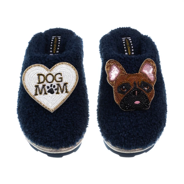 Laines London Teddy Closed Toe Slippers With Cookie The Frenchie & Dog Mum / Mom Brooches