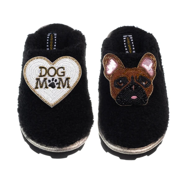 Laines London Teddy Closed Toe Slippers With Cookie The Frenchie & Dog Mum / Mom Brooches