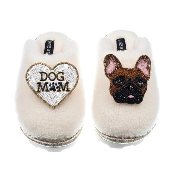 Laines London Teddy Closed Toe Slippers With Cookie The Frenchie & Dog Mum / Mom Brooches