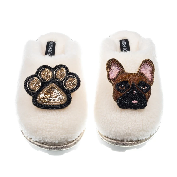 Laines London Teddy Closed Toe Slippers With Cookie The Frenchie & Paw Brooches