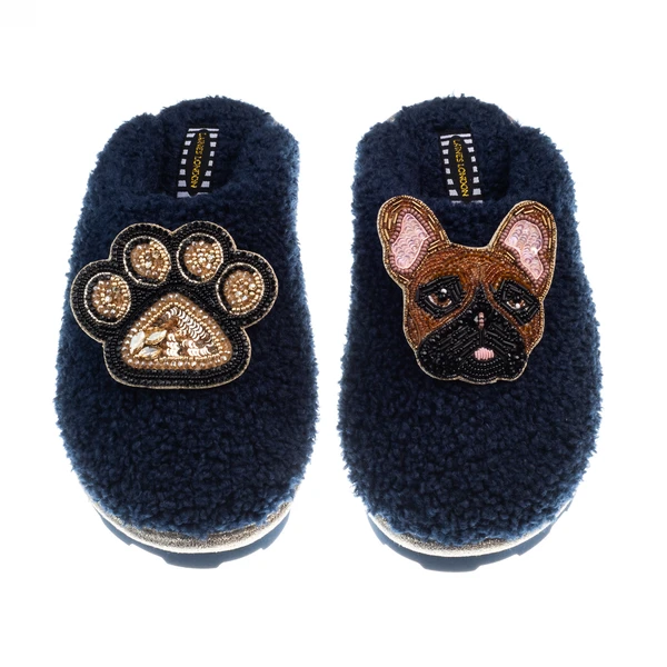 Laines London Teddy Closed Toe Slippers With Cookie The Frenchie & Paw Brooches