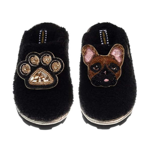 Laines London Teddy Closed Toe Slippers With Cookie The Frenchie & Paw Brooches