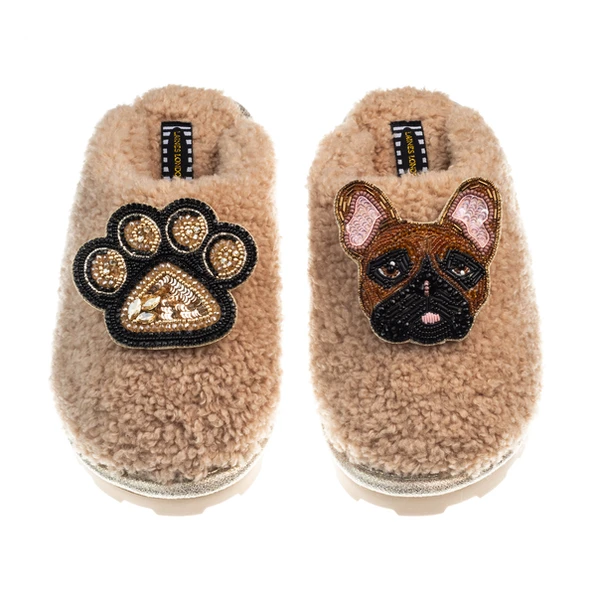 laines london Teddy Closed Toe Slippers With Cookie The Frenchie & Paw Brooches