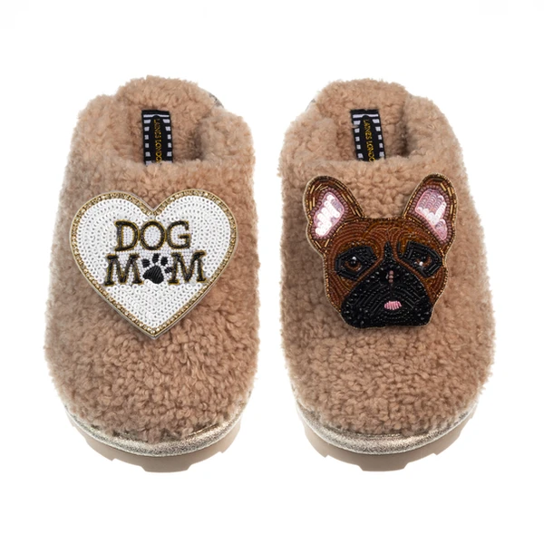 laines london Teddy Closed Toe Slippers With Cookie The Frenchie & Dog Mum / Mom Brooches