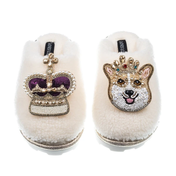 Laines London Teddy Closed Toe Slippers With Corgi & Crown Brooches