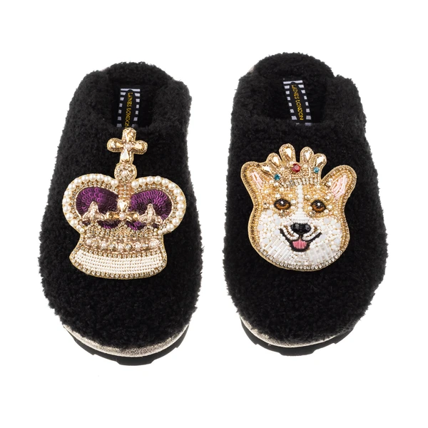 Laines London Teddy Closed Toe Slippers With Corgi & Crown Brooches