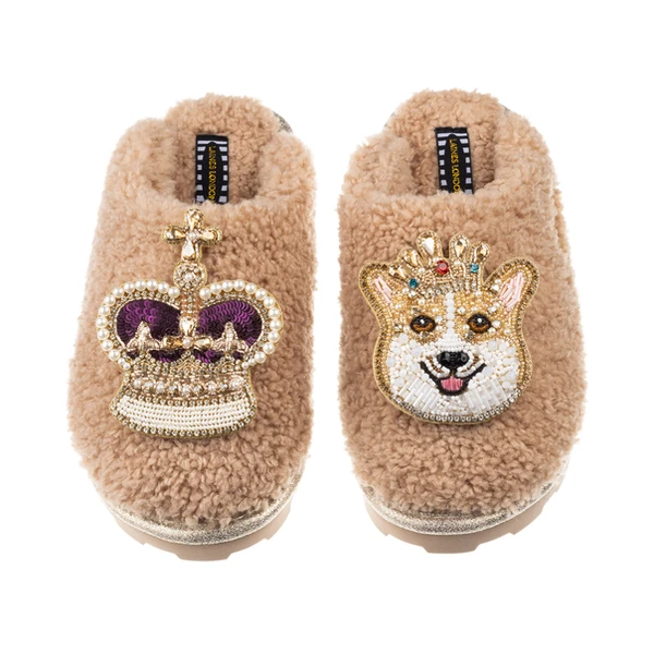 laines london Teddy Closed Toe Slippers With Corgi & Crown Brooches