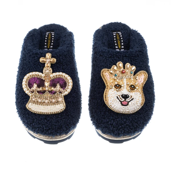 laines london Teddy Closed Toe Slippers With Corgi & Crown Brooches