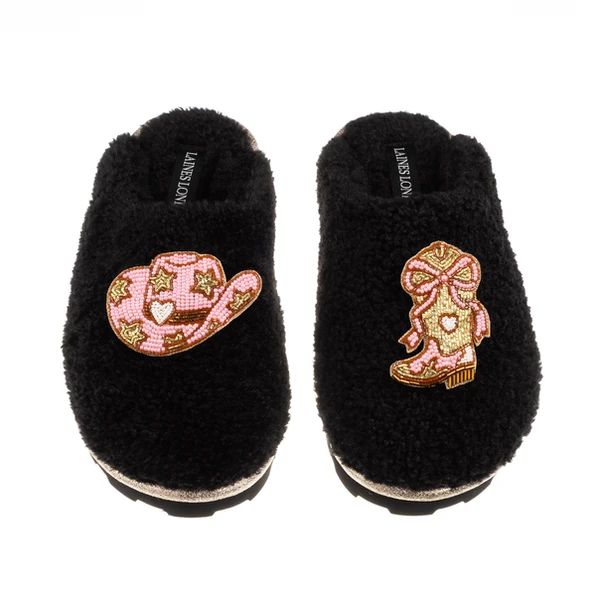 Laines London Teddy Closed Toe Slippers With Cowgirl Hat & Cowgirl Boot Brooches
