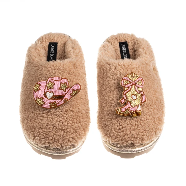 Laines London Teddy Closed Toe Slippers With Cowgirl Hat & Cowgirl Boot Brooches