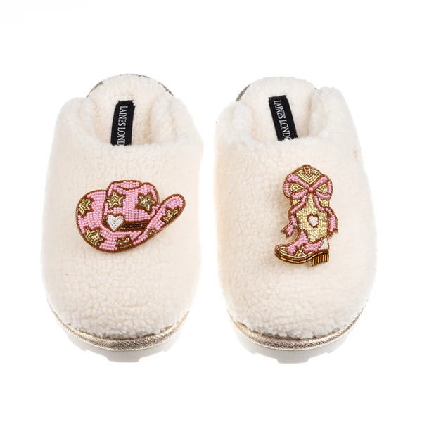 Laines London Teddy Closed Toe Slippers With Cowgirl Hat & Cowgirl Boot Brooches
