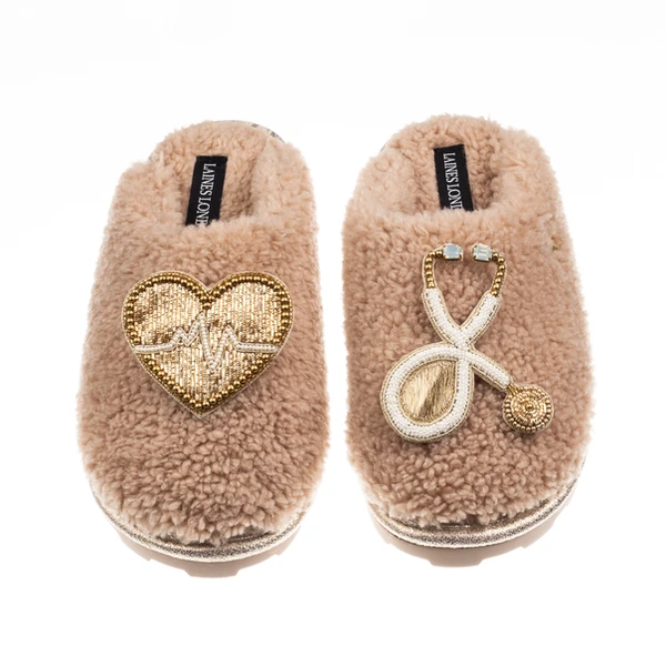 Laines London Teddy Closed Toe Slippers With Doctor Brooches