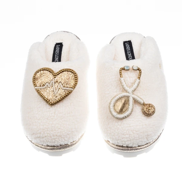 Laines London Teddy Closed Toe Slippers With Doctor Brooches