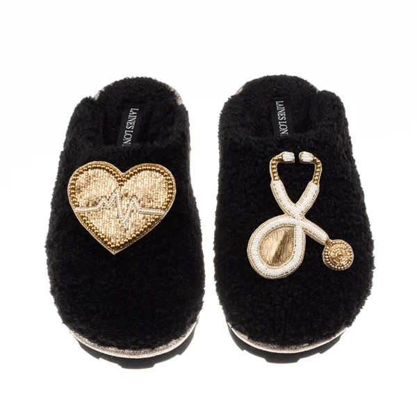 Laines London Teddy Closed Toe Slippers With Doctor Brooches