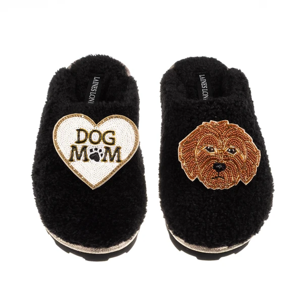 Laines London Teddy Closed Toe Slippers With Dog Mum / Mom & Apricot Cockapoo Brooches