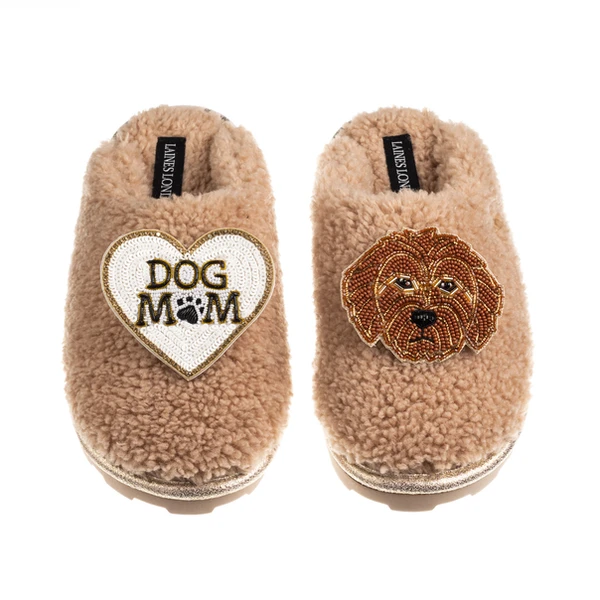 Laines London Teddy Closed Toe Slippers With Dog Mum / Mom & Apricot Cockapoo Brooches