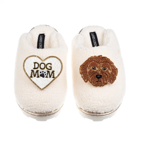 laines london Teddy Closed Toe Slippers With Dog Mum / Mom & Apricot Cockapoo Brooches