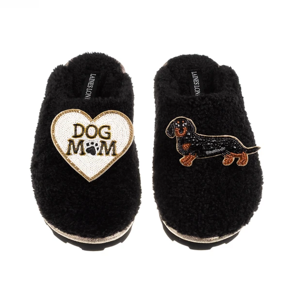 Laines London Teddy Closed Toe Slippers With Dog Mum/Mom & Black & Tan Dachshund Brooches