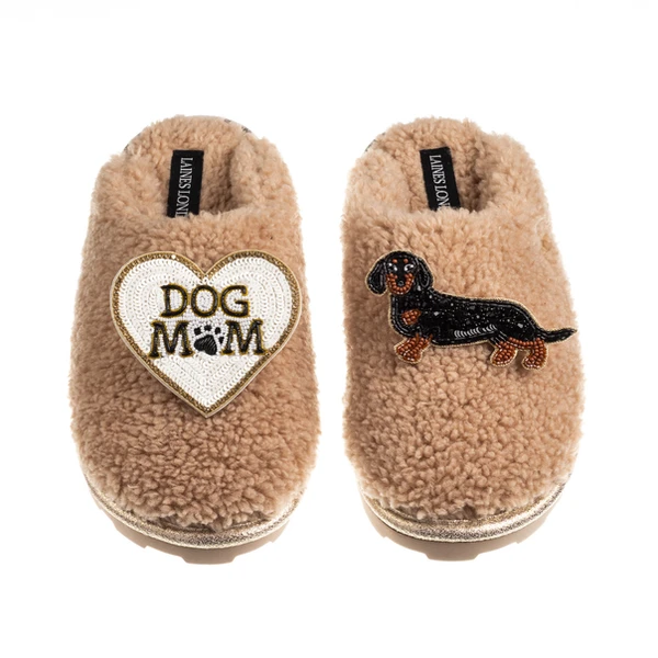 Laines London Teddy Closed Toe Slippers With Dog Mum/Mom & Black & Tan Dachshund Brooches
