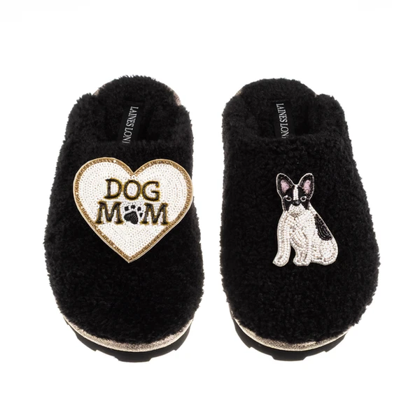 Laines London Teddy Closed Toe Slippers With Dog Mum/Mom & Black/White Sitting French Bulldog