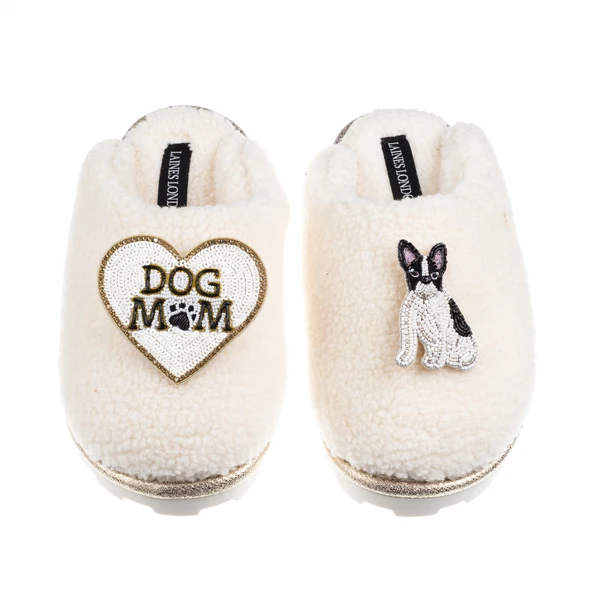 Laines London Teddy Closed Toe Slippers With Dog Mum/Mom & Black/White Sitting French Bulldog