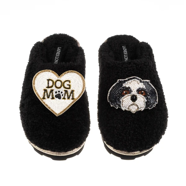 Laines London Teddy Closed Toe Slippers With Dog Mum / Mom & Black & White Shih Tzu Brooches