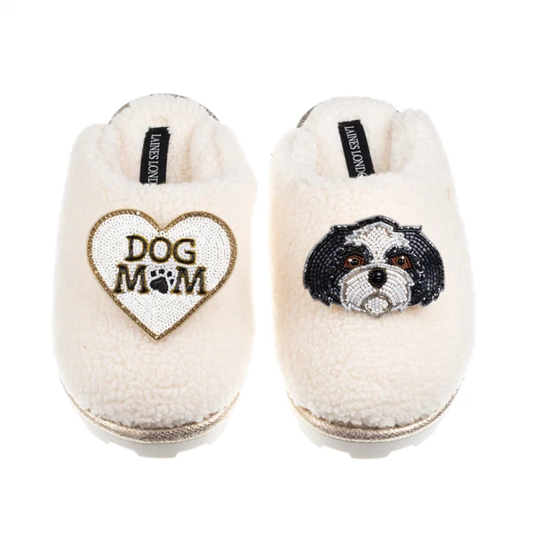 laines london Teddy Closed Toe Slippers With Dog Mum / Mom & Black & White Shih Tzu Brooches