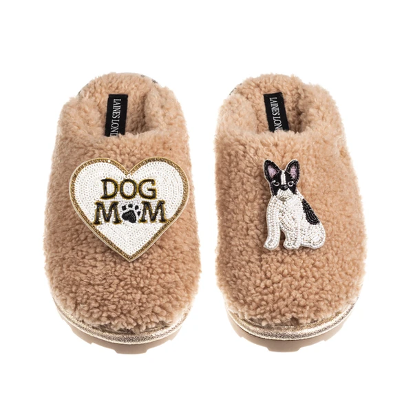 laines london Teddy Closed Toe Slippers With Dog Mum/Mom & Black/White Sitting French Bulldog