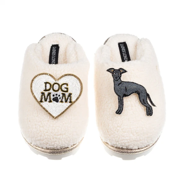 Laines London Teddy Closed Toe Slippers With Dog Mum/Mom & Blue Italian Greyhound Brooches