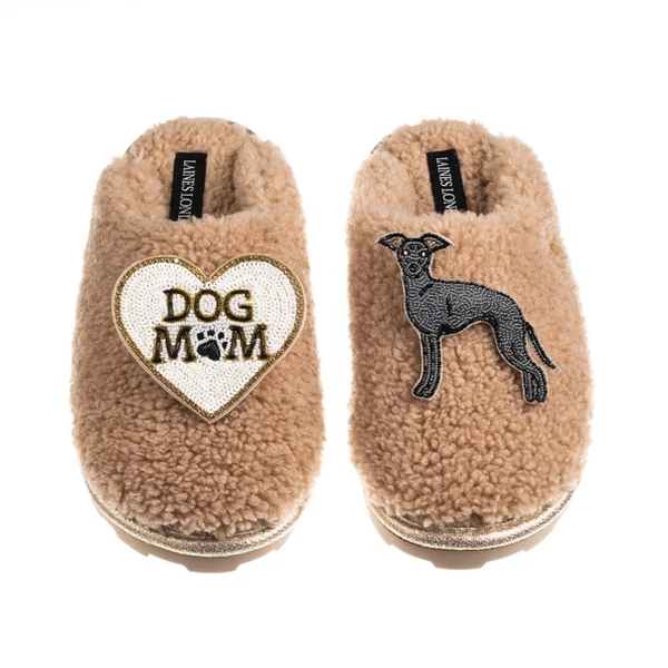 Laines London Teddy Closed Toe Slippers With Dog Mum/Mom & Blue Italian Greyhound Brooches