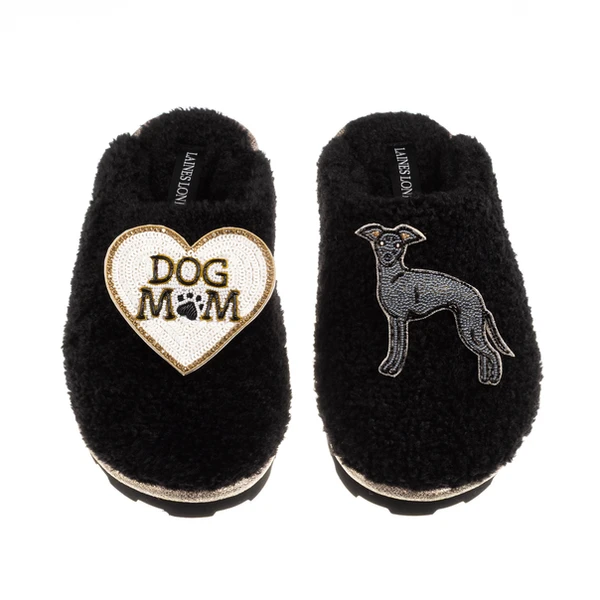 laines london Teddy Closed Toe Slippers With Dog Mum/Mom & Blue Italian Greyhound Brooches