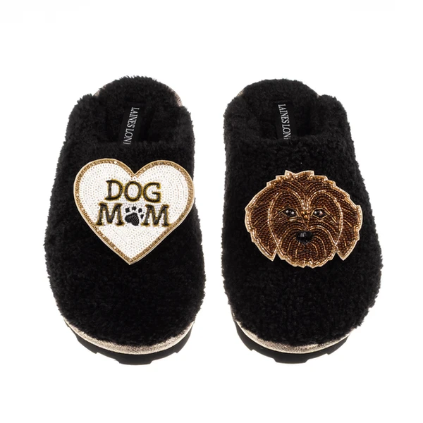 Laines London Teddy Closed Toe Slippers With Dog Mum / Mom & Chocolate Cockapoo Brooches