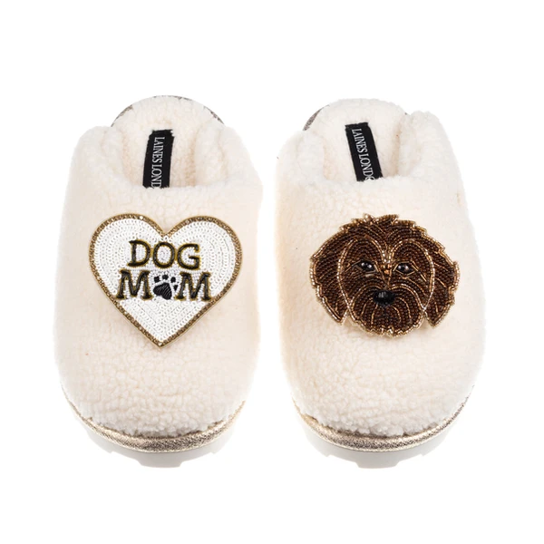 Laines London Teddy Closed Toe Slippers With Dog Mum / Mom & Chocolate Cockapoo Brooches