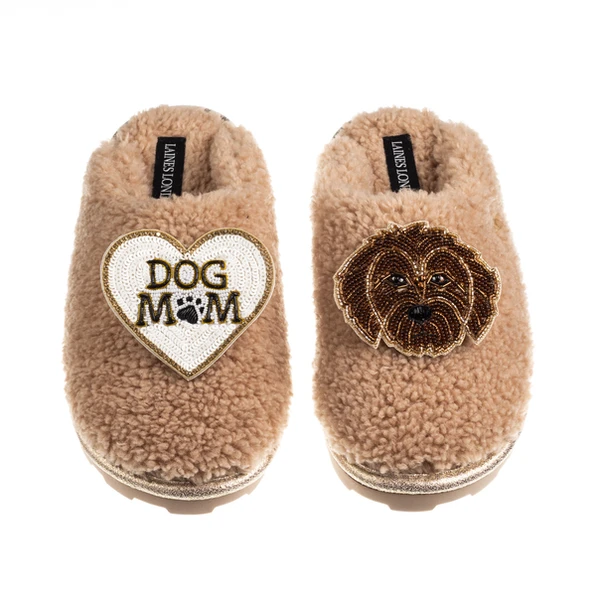 laines london Teddy Closed Toe Slippers With Dog Mum / Mom & Chocolate Cockapoo Brooches