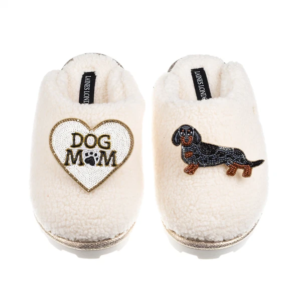 Laines London Teddy Closed Toe Slippers With Dog Mum/Mom & Dapple Dachshund Brooches