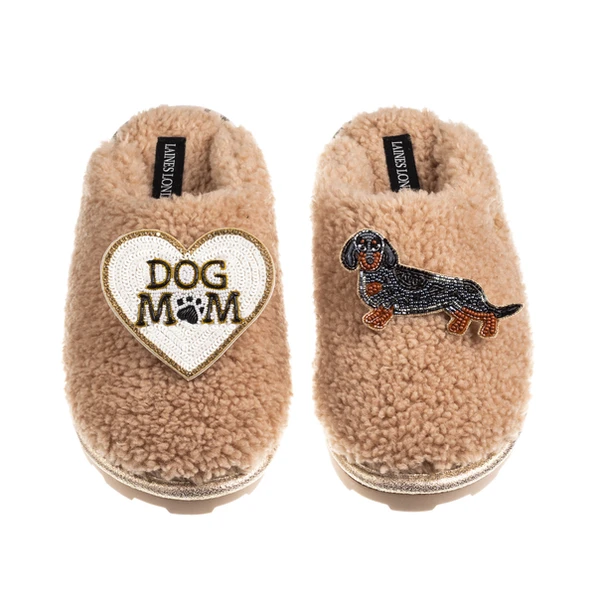 Laines London Teddy Closed Toe Slippers With Dog Mum/Mom & Dapple Dachshund Brooches
