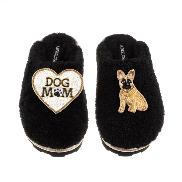 Laines London Teddy Closed Toe Slippers With Dog Mum/Mom & Fawn French Bulldog Brooches