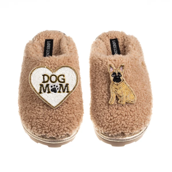 Laines London Teddy Closed Toe Slippers With Dog Mum/Mom & Fawn French Bulldog Brooches
