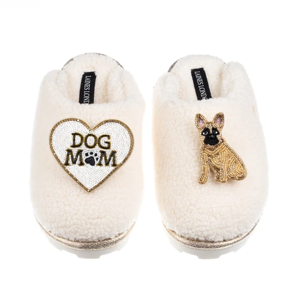Laines London Teddy Closed Toe Slippers With Dog Mum/Mom & Fawn French Bulldog Brooches